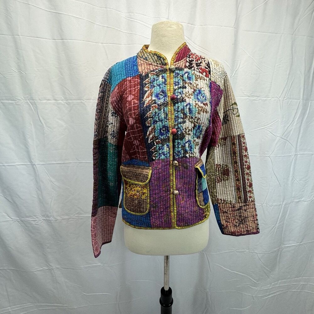 Sacred Threads Silk Quilted Patchwork Jacket S Colorful Boho Artsy Cottagecore